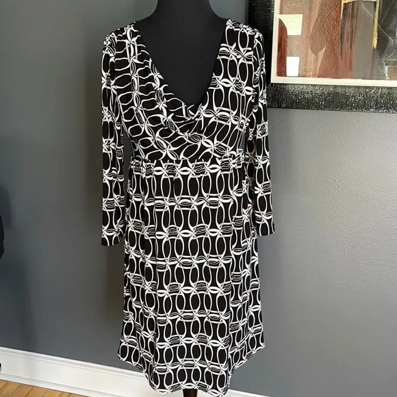 MICHAEL Michael Kors black/white chain print stretch draped scoop neckline midi - Picture 1 of 7